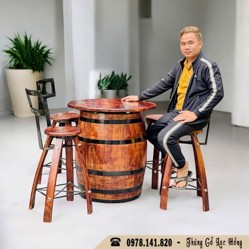 Bàn Ghế Thùng Rượu Gỗ Có Tựa Lưng Cho Nhà Hàng, Cafe