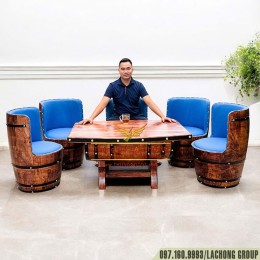 Bàn Ghế Thùng Gỗ Bọc Da Cho Hầm Rượu Vang